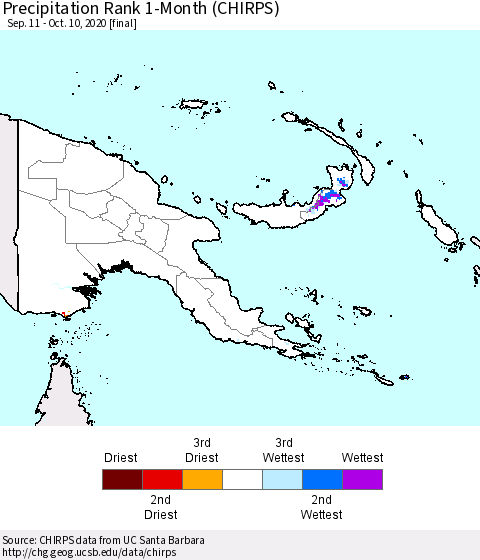 Papua New Guinea Precipitation Rank since 1981, 1-Month (CHIRPS) Thematic Map For 9/11/2020 - 10/10/2020