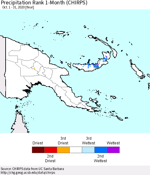 Papua New Guinea Precipitation Rank since 1981, 1-Month (CHIRPS) Thematic Map For 10/1/2020 - 10/31/2020