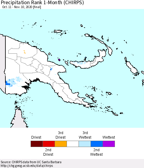 Papua New Guinea Precipitation Rank since 1981, 1-Month (CHIRPS) Thematic Map For 10/11/2020 - 11/10/2020