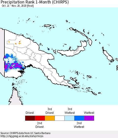 Papua New Guinea Precipitation Rank since 1981, 1-Month (CHIRPS) Thematic Map For 10/21/2020 - 11/20/2020