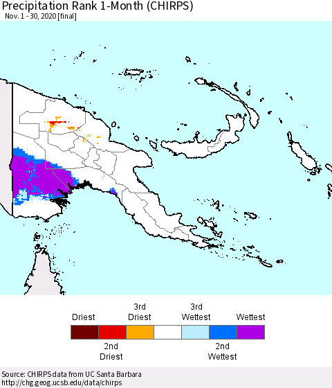 Papua New Guinea Precipitation Rank since 1981, 1-Month (CHIRPS) Thematic Map For 11/1/2020 - 11/30/2020