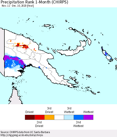 Papua New Guinea Precipitation Rank since 1981, 1-Month (CHIRPS) Thematic Map For 11/11/2020 - 12/10/2020