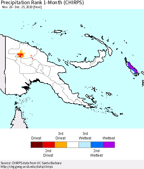 Papua New Guinea Precipitation Rank since 1981, 1-Month (CHIRPS) Thematic Map For 11/26/2020 - 12/25/2020