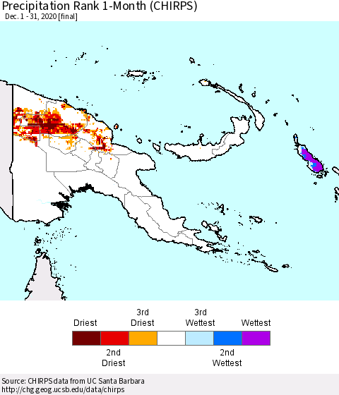 Papua New Guinea Precipitation Rank since 1981, 1-Month (CHIRPS) Thematic Map For 12/1/2020 - 12/31/2020
