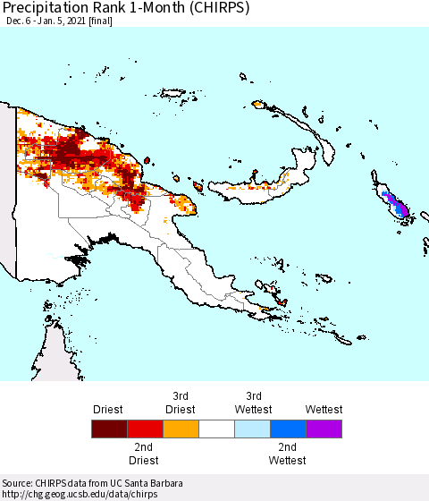 Papua New Guinea Precipitation Rank since 1981, 1-Month (CHIRPS) Thematic Map For 12/6/2020 - 1/5/2021