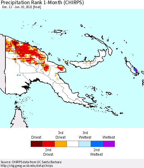 Papua New Guinea Precipitation Rank since 1981, 1-Month (CHIRPS) Thematic Map For 12/11/2020 - 1/10/2021