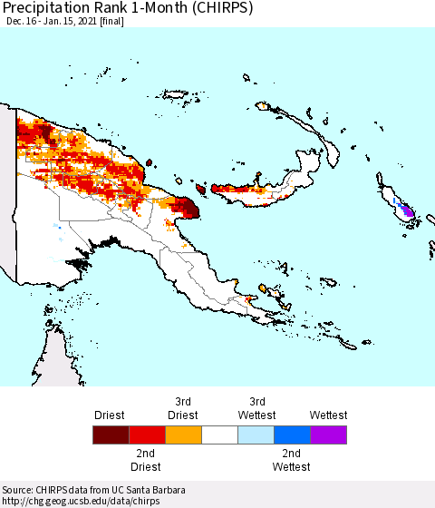 Papua New Guinea Precipitation Rank since 1981, 1-Month (CHIRPS) Thematic Map For 12/16/2020 - 1/15/2021