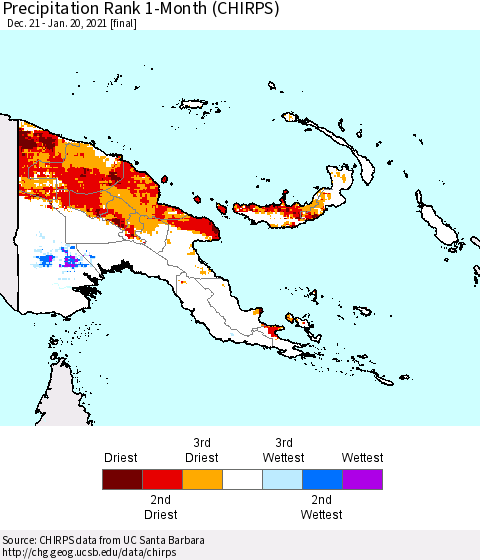 Papua New Guinea Precipitation Rank since 1981, 1-Month (CHIRPS) Thematic Map For 12/21/2020 - 1/20/2021