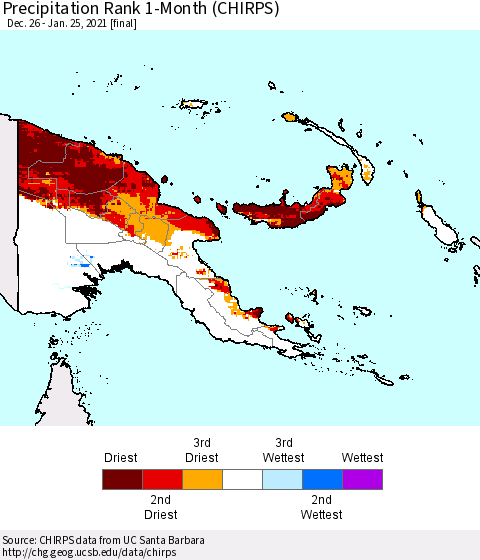 Papua New Guinea Precipitation Rank since 1981, 1-Month (CHIRPS) Thematic Map For 12/26/2020 - 1/25/2021