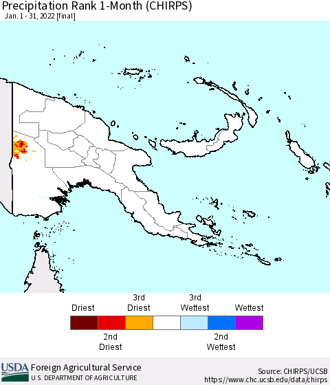 Papua New Guinea Precipitation Rank since 1981, 1-Month (CHIRPS) Thematic Map For 1/1/2022 - 1/31/2022