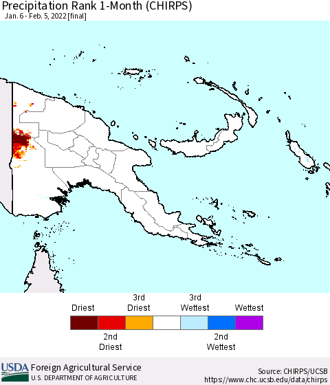 Papua New Guinea Precipitation Rank since 1981, 1-Month (CHIRPS) Thematic Map For 1/6/2022 - 2/5/2022