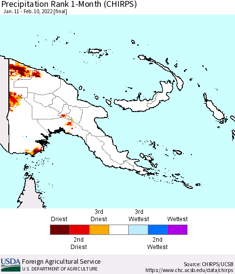 Papua New Guinea Precipitation Rank since 1981, 1-Month (CHIRPS) Thematic Map For 1/11/2022 - 2/10/2022