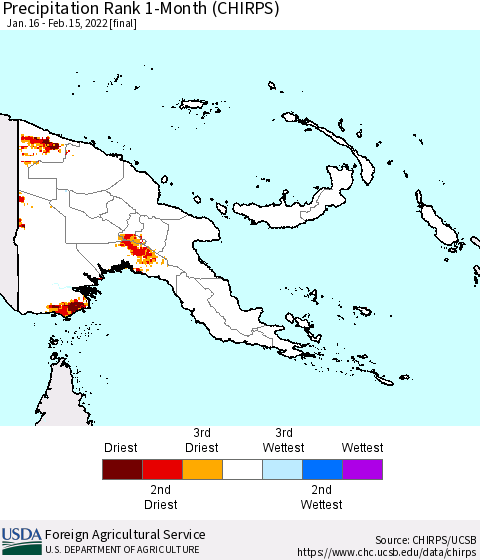 Papua New Guinea Precipitation Rank since 1981, 1-Month (CHIRPS) Thematic Map For 1/16/2022 - 2/15/2022