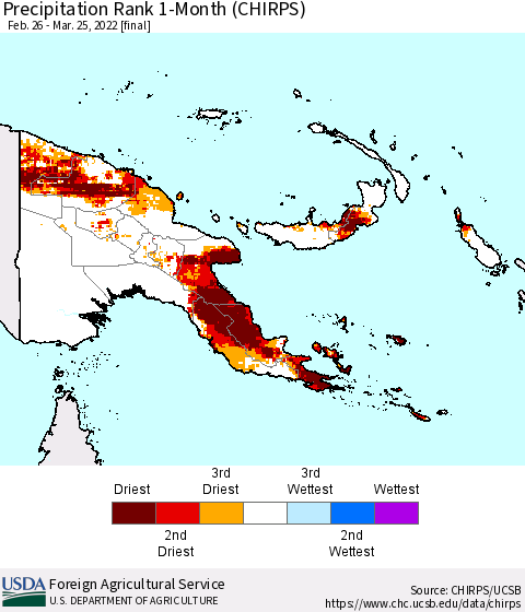 Papua New Guinea Precipitation Rank since 1981, 1-Month (CHIRPS) Thematic Map For 2/26/2022 - 3/25/2022
