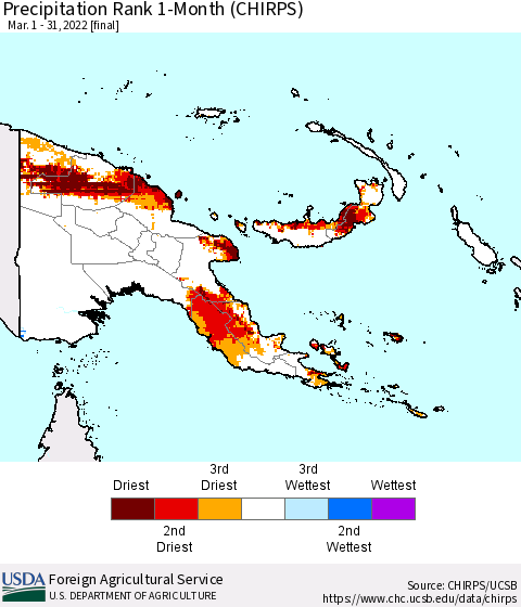 Papua New Guinea Precipitation Rank since 1981, 1-Month (CHIRPS) Thematic Map For 3/1/2022 - 3/31/2022