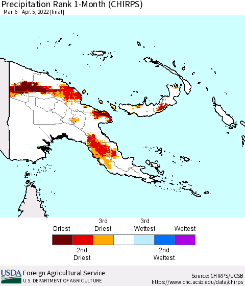 Papua New Guinea Precipitation Rank since 1981, 1-Month (CHIRPS) Thematic Map For 3/6/2022 - 4/5/2022
