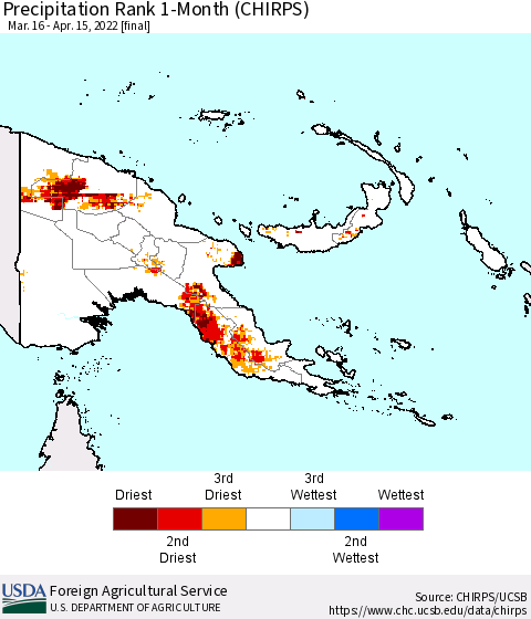 Papua New Guinea Precipitation Rank since 1981, 1-Month (CHIRPS) Thematic Map For 3/16/2022 - 4/15/2022