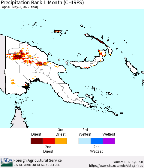 Papua New Guinea Precipitation Rank since 1981, 1-Month (CHIRPS) Thematic Map For 4/6/2022 - 5/5/2022