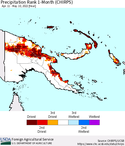 Papua New Guinea Precipitation Rank since 1981, 1-Month (CHIRPS) Thematic Map For 4/11/2022 - 5/10/2022