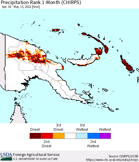 Papua New Guinea Precipitation Rank since 1981, 1-Month (CHIRPS) Thematic Map For 4/16/2022 - 5/15/2022