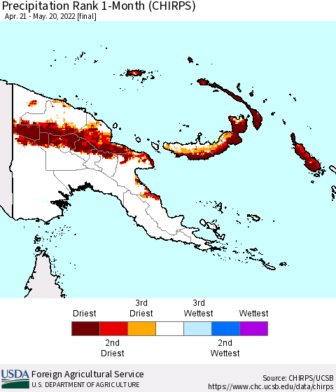Papua New Guinea Precipitation Rank since 1981, 1-Month (CHIRPS) Thematic Map For 4/21/2022 - 5/20/2022