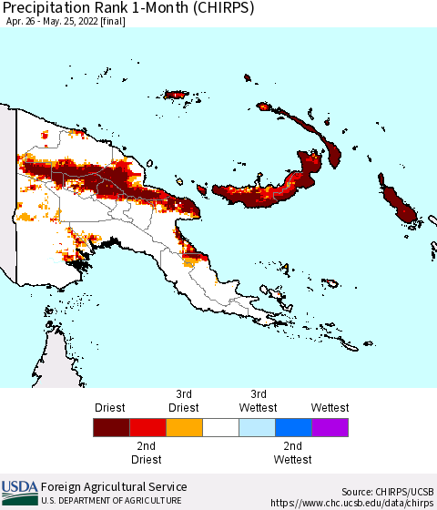 Papua New Guinea Precipitation Rank since 1981, 1-Month (CHIRPS) Thematic Map For 4/26/2022 - 5/25/2022
