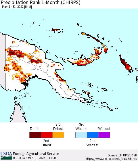 Papua New Guinea Precipitation Rank since 1981, 1-Month (CHIRPS) Thematic Map For 5/1/2022 - 5/31/2022