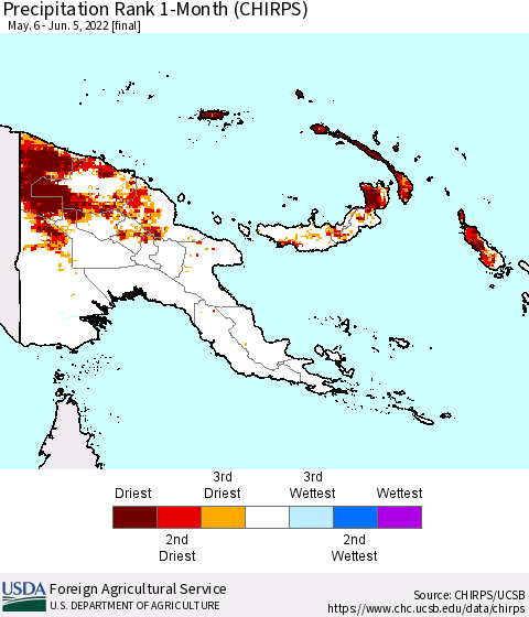 Papua New Guinea Precipitation Rank since 1981, 1-Month (CHIRPS) Thematic Map For 5/6/2022 - 6/5/2022