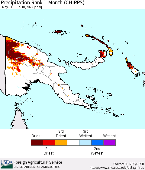 Papua New Guinea Precipitation Rank since 1981, 1-Month (CHIRPS) Thematic Map For 5/11/2022 - 6/10/2022