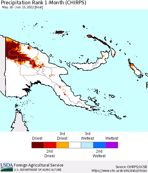 Papua New Guinea Precipitation Rank since 1981, 1-Month (CHIRPS) Thematic Map For 5/16/2022 - 6/15/2022