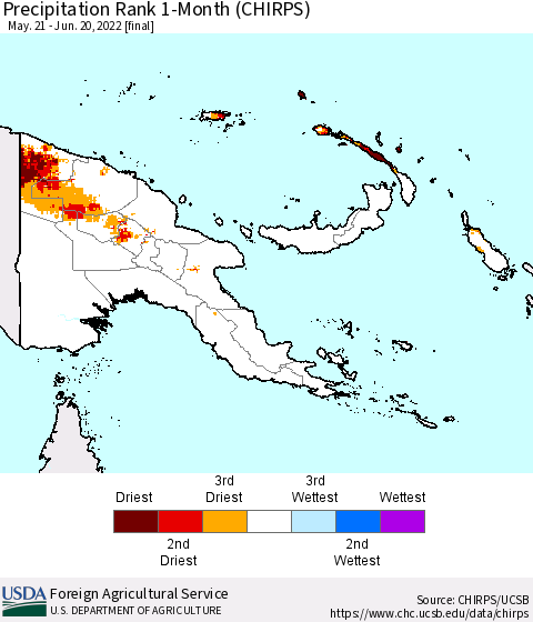 Papua New Guinea Precipitation Rank since 1981, 1-Month (CHIRPS) Thematic Map For 5/21/2022 - 6/20/2022
