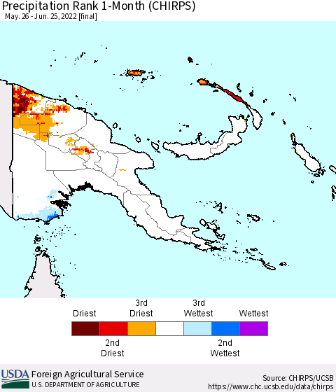 Papua New Guinea Precipitation Rank since 1981, 1-Month (CHIRPS) Thematic Map For 5/26/2022 - 6/25/2022