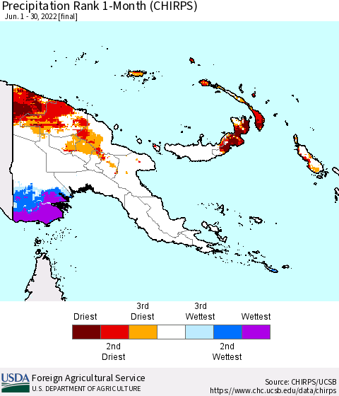 Papua New Guinea Precipitation Rank since 1981, 1-Month (CHIRPS) Thematic Map For 6/1/2022 - 6/30/2022