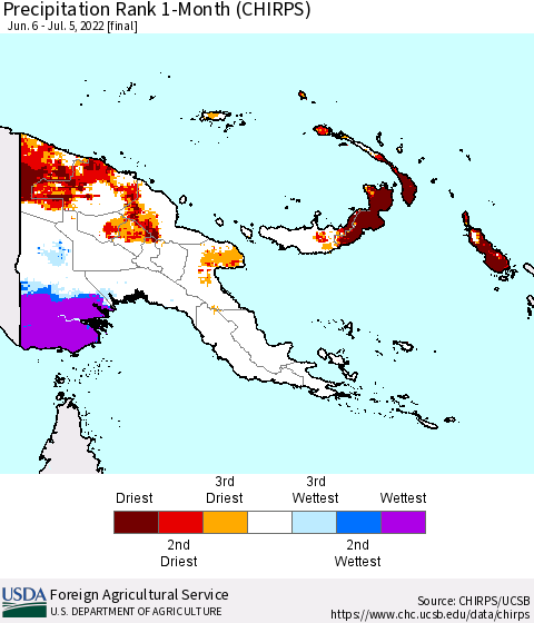 Papua New Guinea Precipitation Rank since 1981, 1-Month (CHIRPS) Thematic Map For 6/6/2022 - 7/5/2022