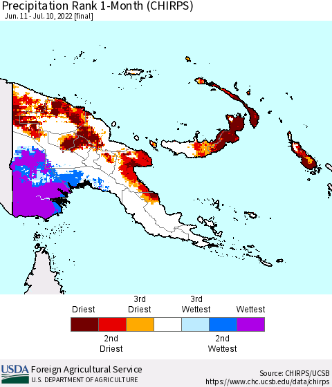 Papua New Guinea Precipitation Rank since 1981, 1-Month (CHIRPS) Thematic Map For 6/11/2022 - 7/10/2022