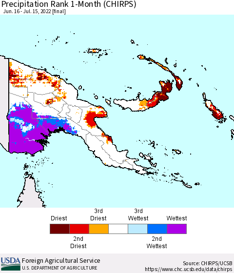 Papua New Guinea Precipitation Rank since 1981, 1-Month (CHIRPS) Thematic Map For 6/16/2022 - 7/15/2022