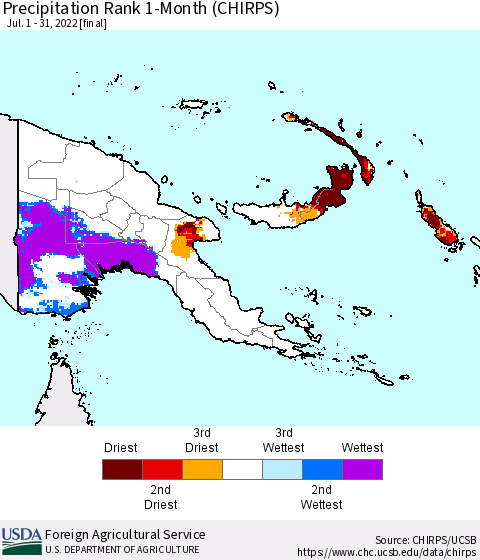 Papua New Guinea Precipitation Rank since 1981, 1-Month (CHIRPS) Thematic Map For 7/1/2022 - 7/31/2022