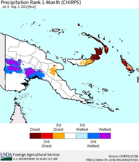 Papua New Guinea Precipitation Rank since 1981, 1-Month (CHIRPS) Thematic Map For 7/6/2022 - 8/5/2022
