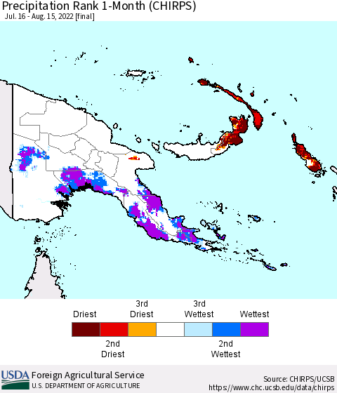 Papua New Guinea Precipitation Rank since 1981, 1-Month (CHIRPS) Thematic Map For 7/16/2022 - 8/15/2022