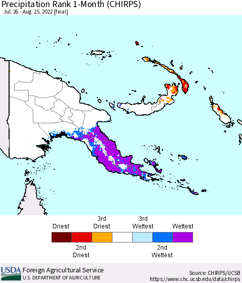 Papua New Guinea Precipitation Rank since 1981, 1-Month (CHIRPS) Thematic Map For 7/26/2022 - 8/25/2022