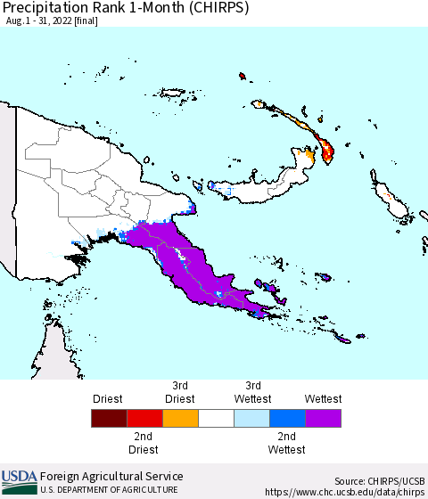 Papua New Guinea Precipitation Rank since 1981, 1-Month (CHIRPS) Thematic Map For 8/1/2022 - 8/31/2022