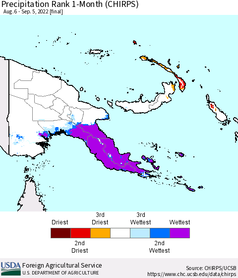 Papua New Guinea Precipitation Rank since 1981, 1-Month (CHIRPS) Thematic Map For 8/6/2022 - 9/5/2022