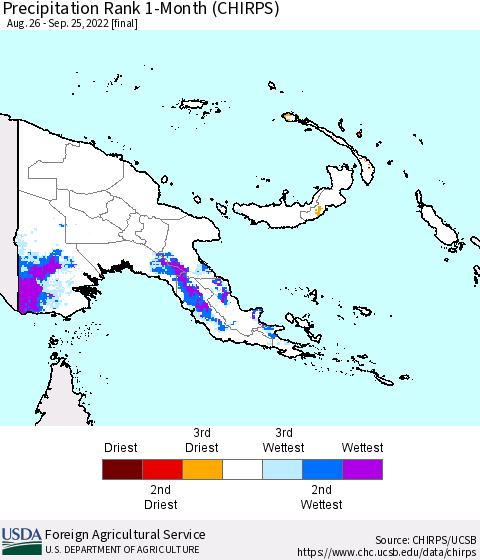 Papua New Guinea Precipitation Rank since 1981, 1-Month (CHIRPS) Thematic Map For 8/26/2022 - 9/25/2022