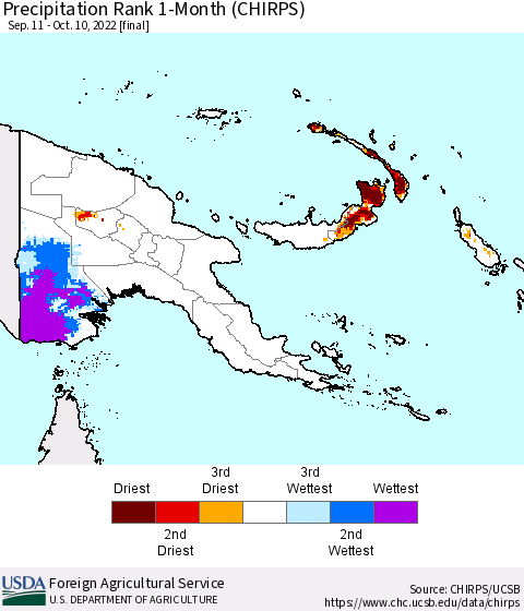 Papua New Guinea Precipitation Rank since 1981, 1-Month (CHIRPS) Thematic Map For 9/11/2022 - 10/10/2022