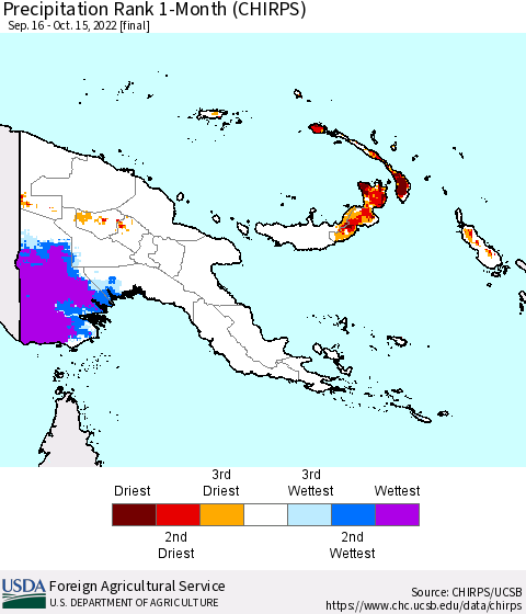 Papua New Guinea Precipitation Rank since 1981, 1-Month (CHIRPS) Thematic Map For 9/16/2022 - 10/15/2022