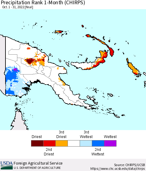 Papua New Guinea Precipitation Rank since 1981, 1-Month (CHIRPS) Thematic Map For 10/1/2022 - 10/31/2022