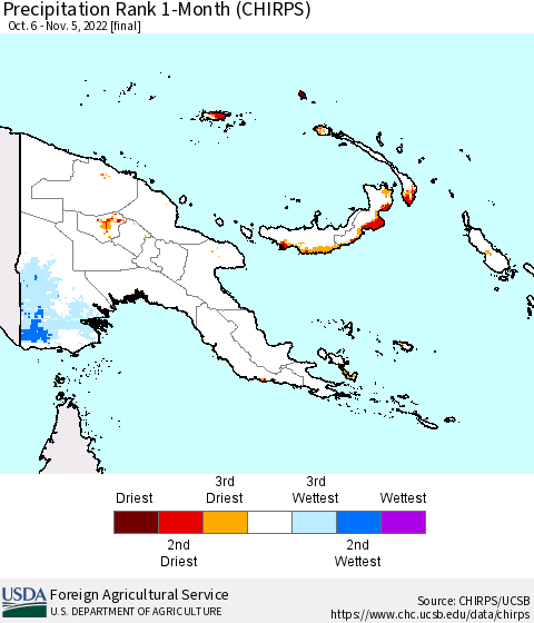 Papua New Guinea Precipitation Rank since 1981, 1-Month (CHIRPS) Thematic Map For 10/6/2022 - 11/5/2022