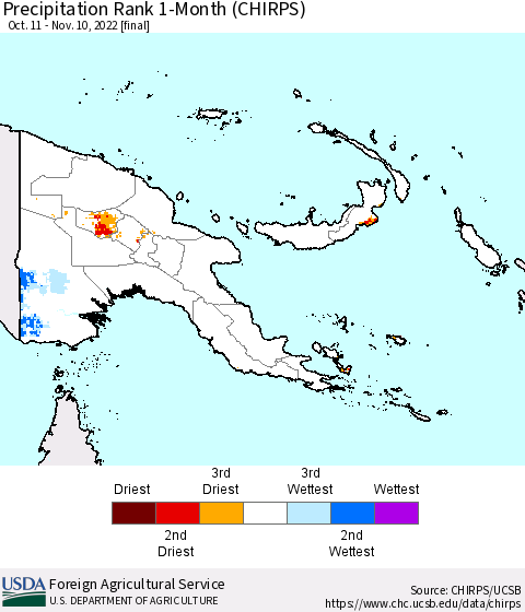 Papua New Guinea Precipitation Rank since 1981, 1-Month (CHIRPS) Thematic Map For 10/11/2022 - 11/10/2022