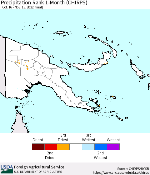 Papua New Guinea Precipitation Rank since 1981, 1-Month (CHIRPS) Thematic Map For 10/16/2022 - 11/15/2022