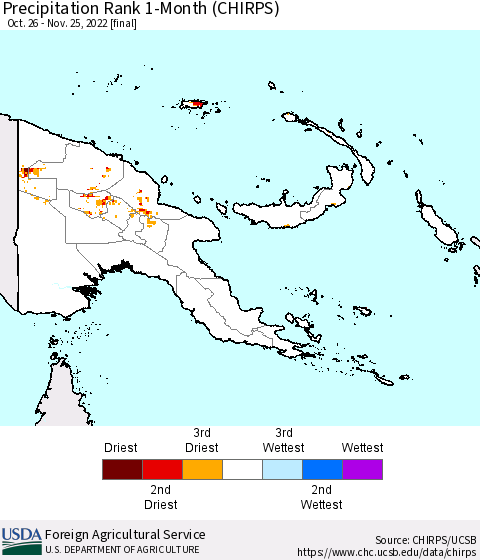 Papua New Guinea Precipitation Rank since 1981, 1-Month (CHIRPS) Thematic Map For 10/26/2022 - 11/25/2022